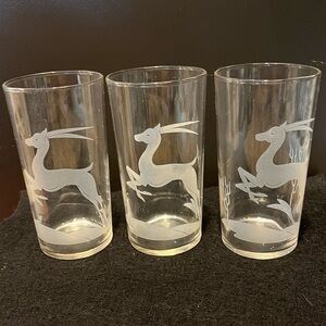 Vintage Etched Prancing Gazelles Glass Tumblers - Set of 3